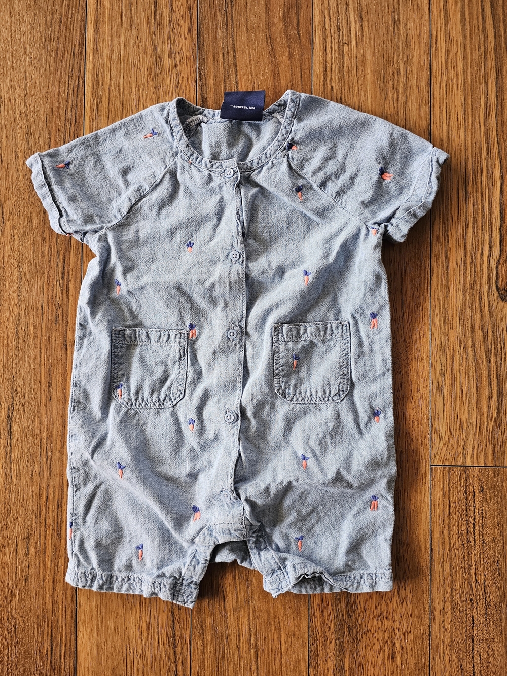 GAP Light Denim Romper with Orange & Navy Embroidery